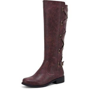 Womens Faux Leather Wine Red  Strappy Motorcycle Knee High Riding Lace Up Boot
